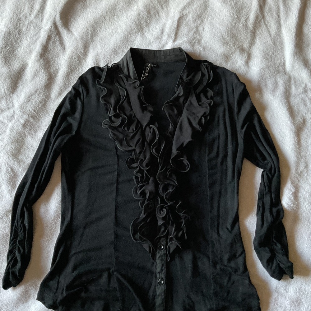 Colori Ruffle V-Neck Top Womens Large Black Excellent Long Sleeve Button Front